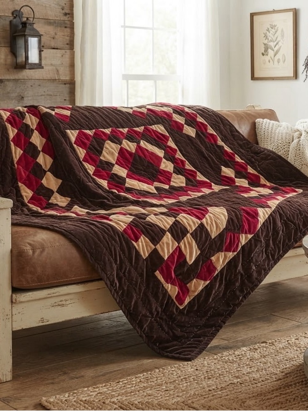 Vintage Quilted Velvet & Cotton Throw Blanket – Geometric Patchwork – 53” x 47”